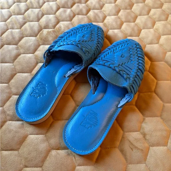 Blue Woven Leather Slip-On Huarache Mules - Picture 3 of 7
